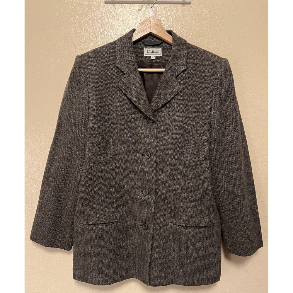 Vtg. LL Bean Herringbone Blazer Brown Wool Lambswool Lined Button Coat Petite 12